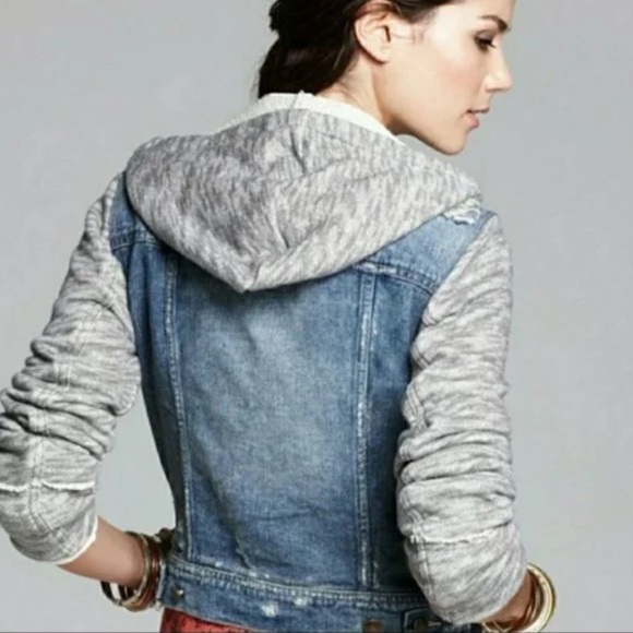 Free People Distressed Denim Knit Hooded Jacket - Picture 3 of 10